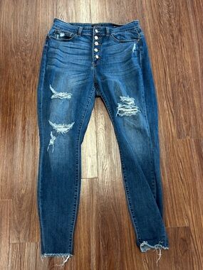 Judy Blue Distressed Mid to Dark Blue Skinny Jeans with Button Fly